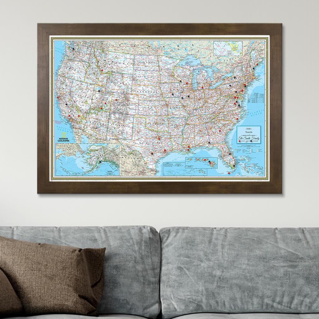 Canvas Classic USA Push Pin Travel Map Rustic Brown Frame