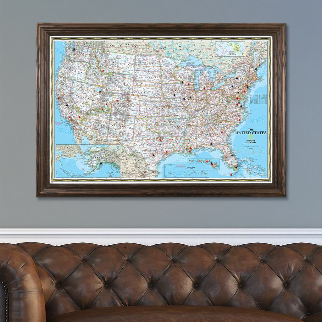 Classic USA Push Pin Map in Solid Wood Brown Frame