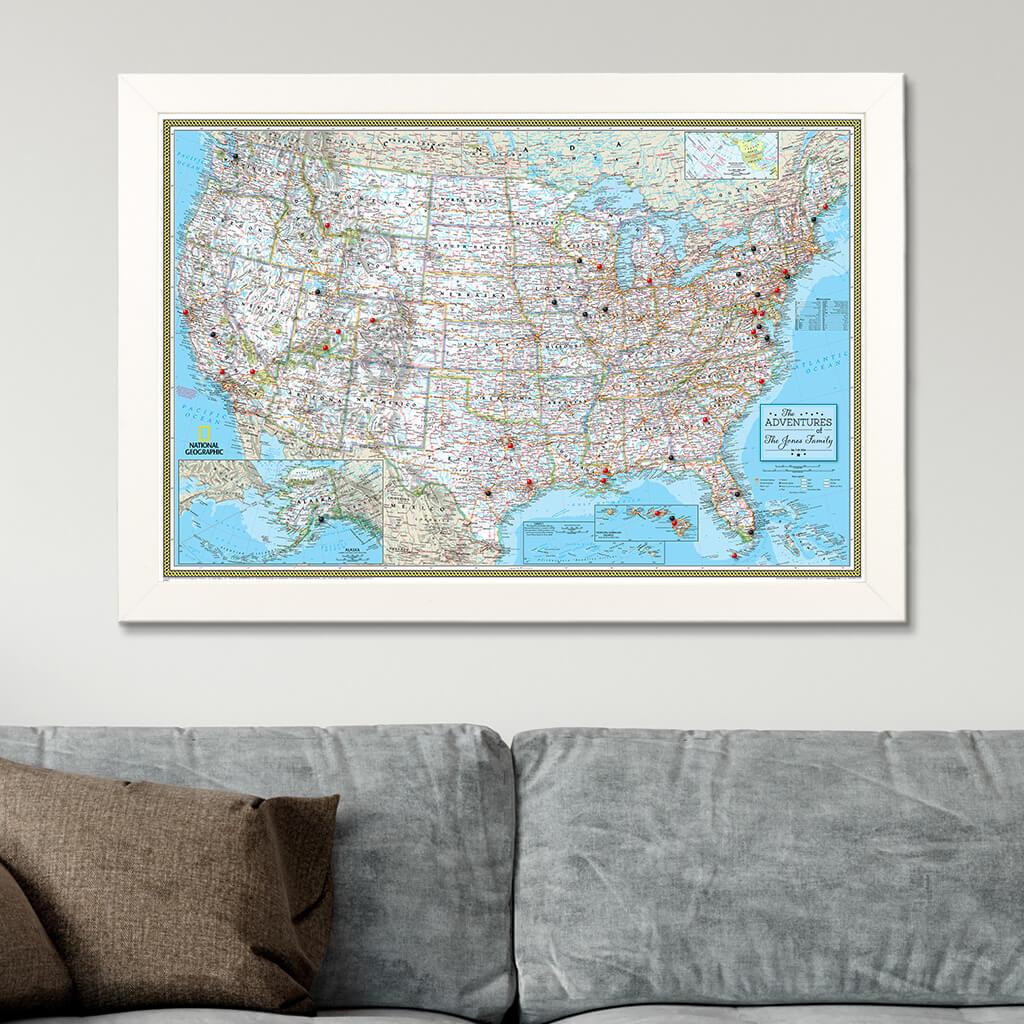 Canvas Classic USA Push Pin Travel Map Textured White Frame