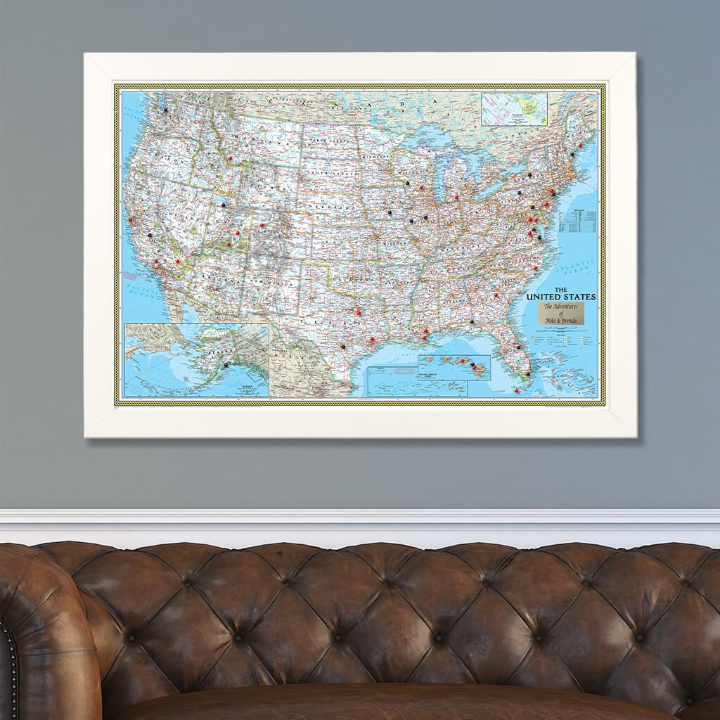 Classic USA Push Pin Map in Textured White Frame