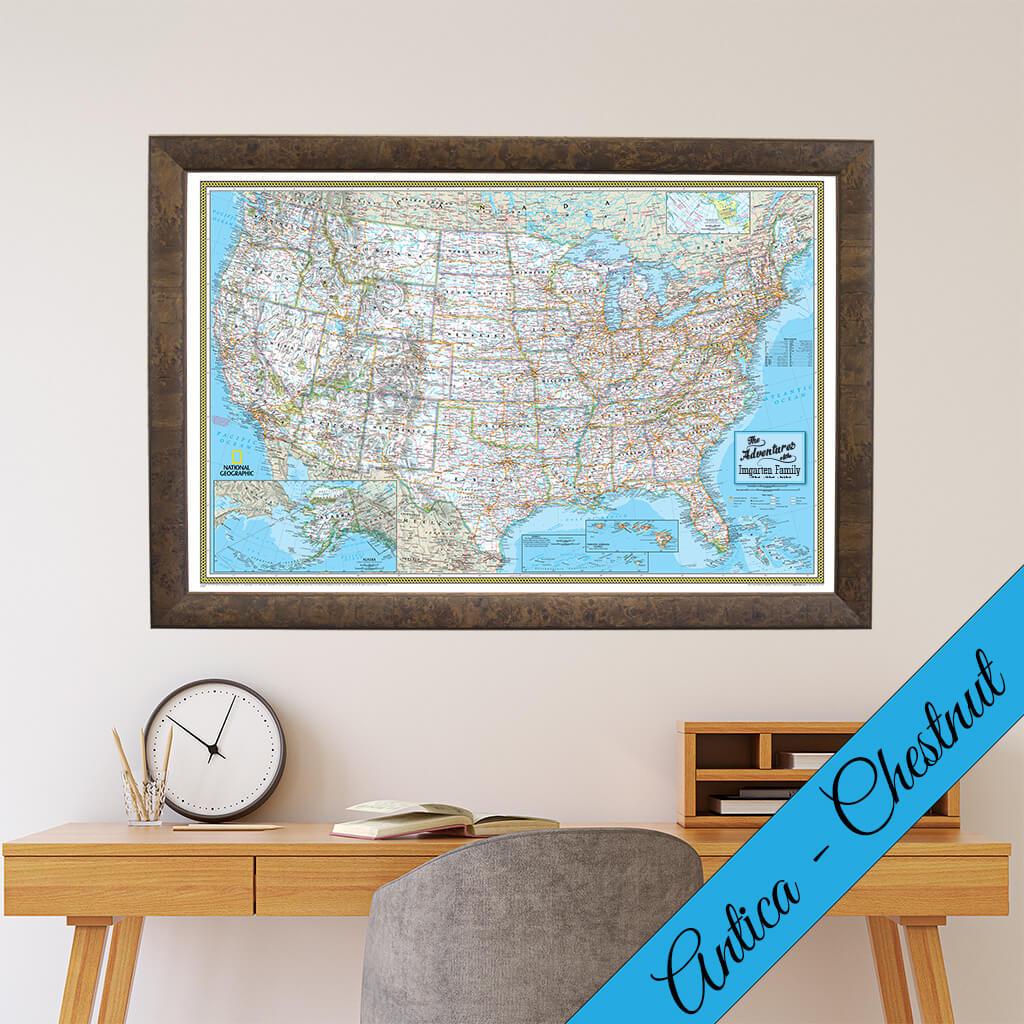 Canvas Classic USA Push Pin Map with Antica Chestnut Frame