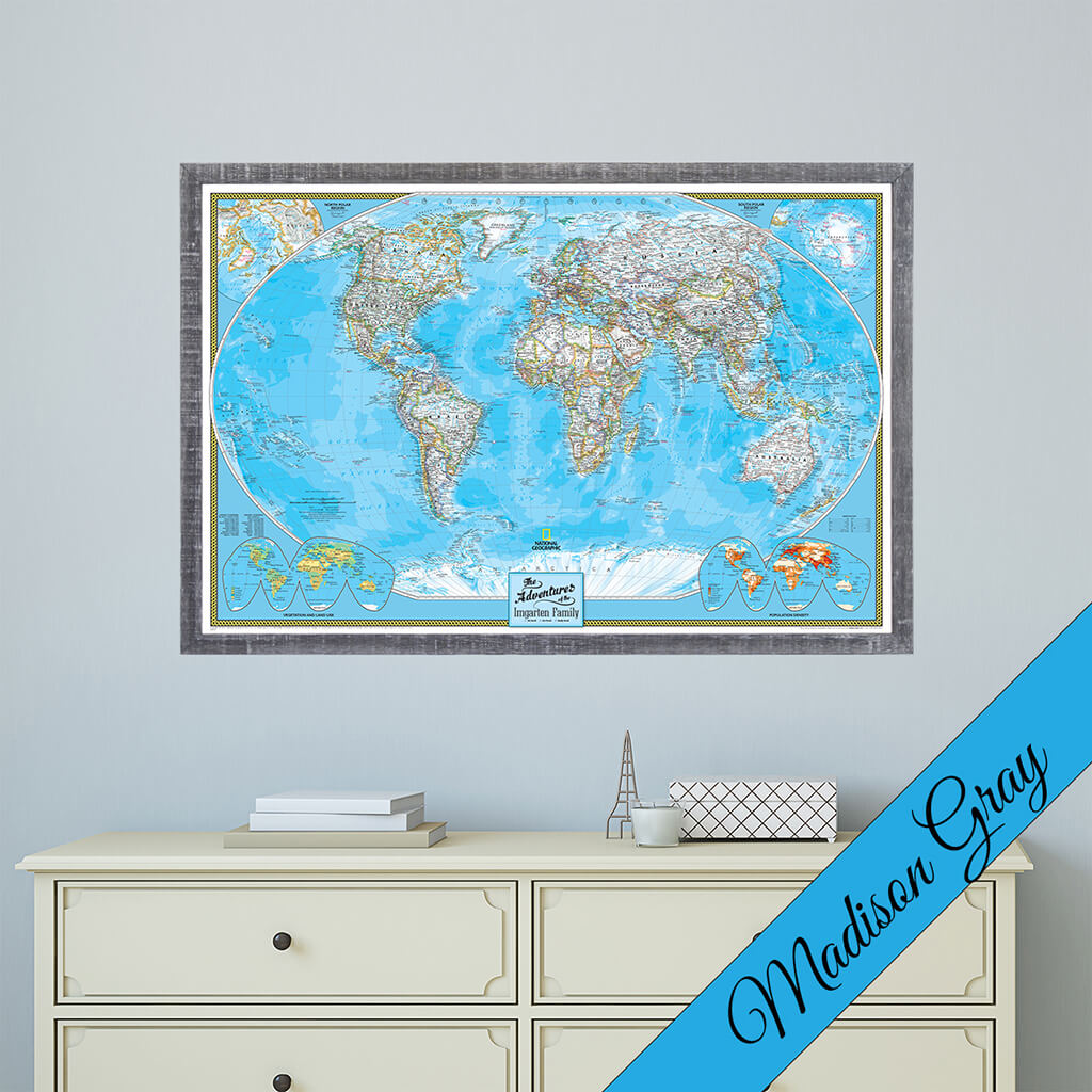 Canvas Classic World Push Pin Travel Map in Premium Madison Gray Frame