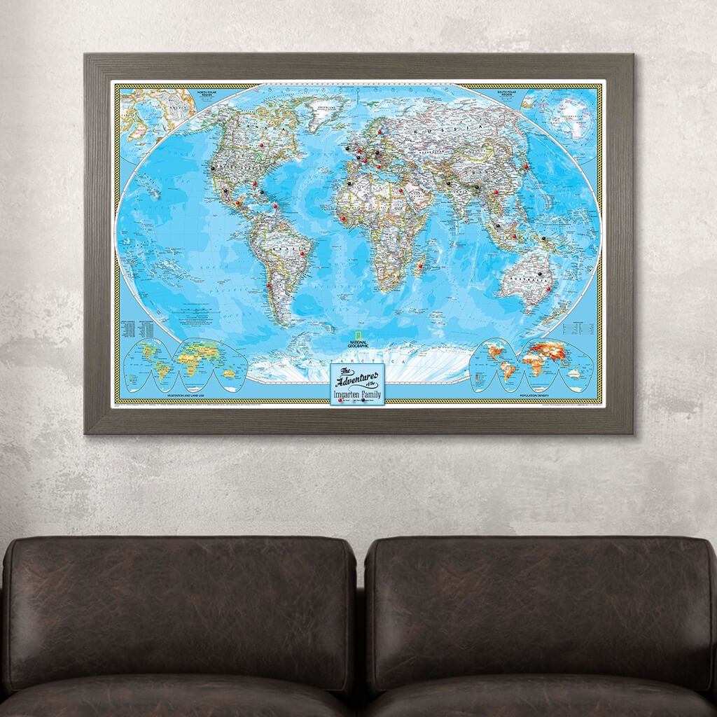 Canvas Classic World Push Pin Travel Map Barnwood Gray Frame