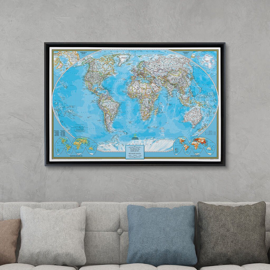 Black Float Frame - 24x36 Gallery Wrapped Classic World Push Pin Travel Map 
