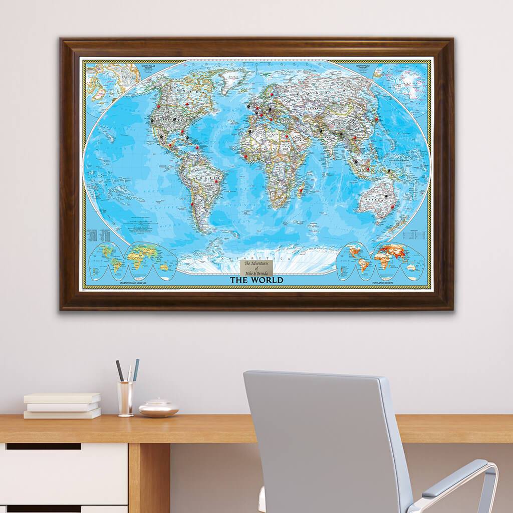 Classic World Push Pin Travel Map with Pins in Brown Frame