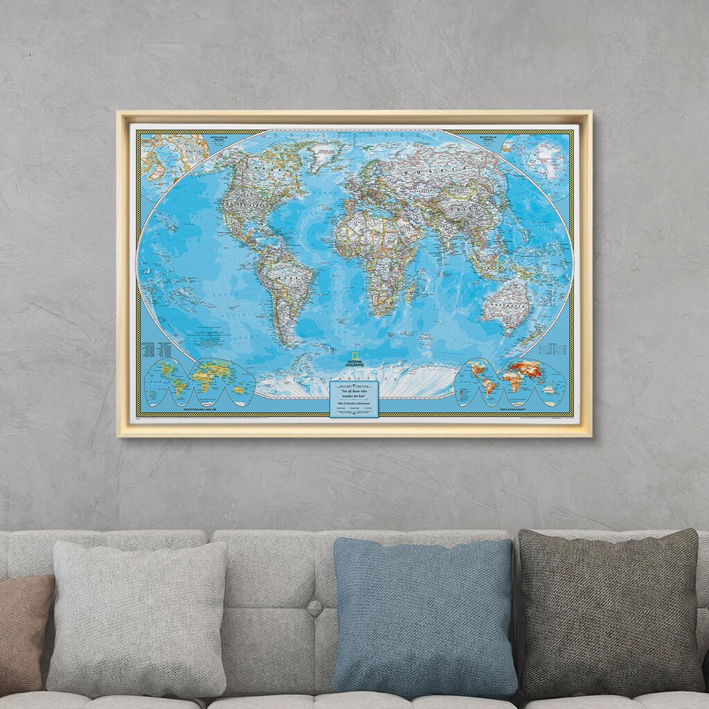 Natural Tan Float Frame - 24x36 Gallery Wrapped Classic World Push Pin Travel Map