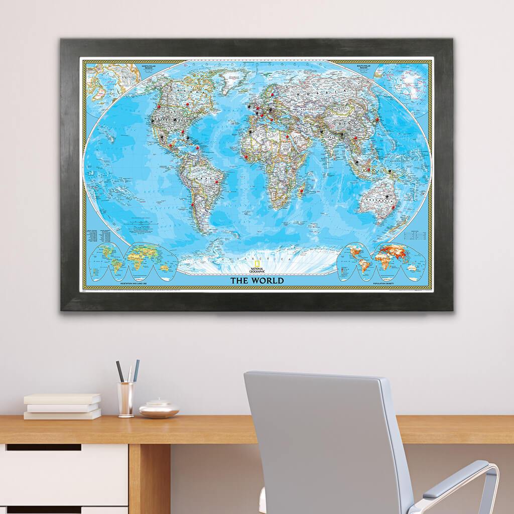 Classic World Push Pin Travel Map in Rustic Black Frame