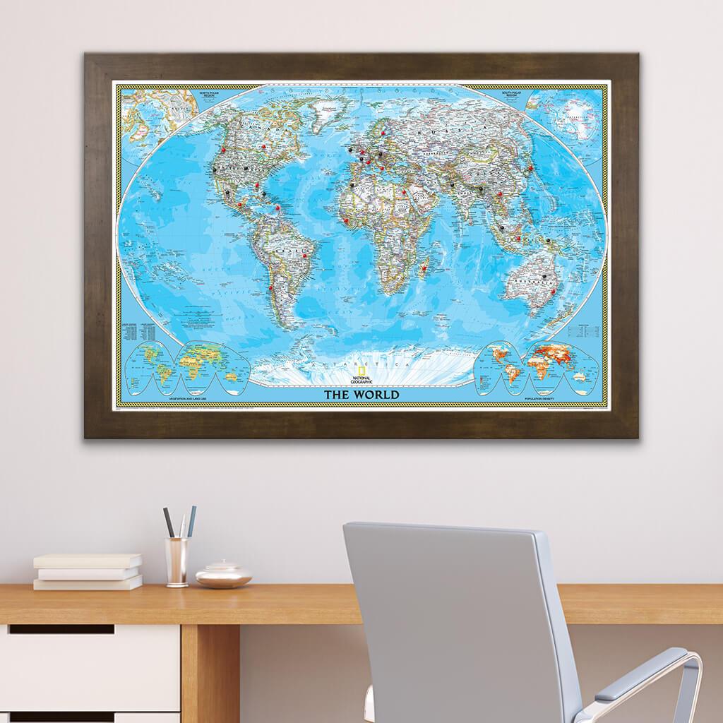 Classic World Push Pin Wall Map with Pins Rustic Brown Frame