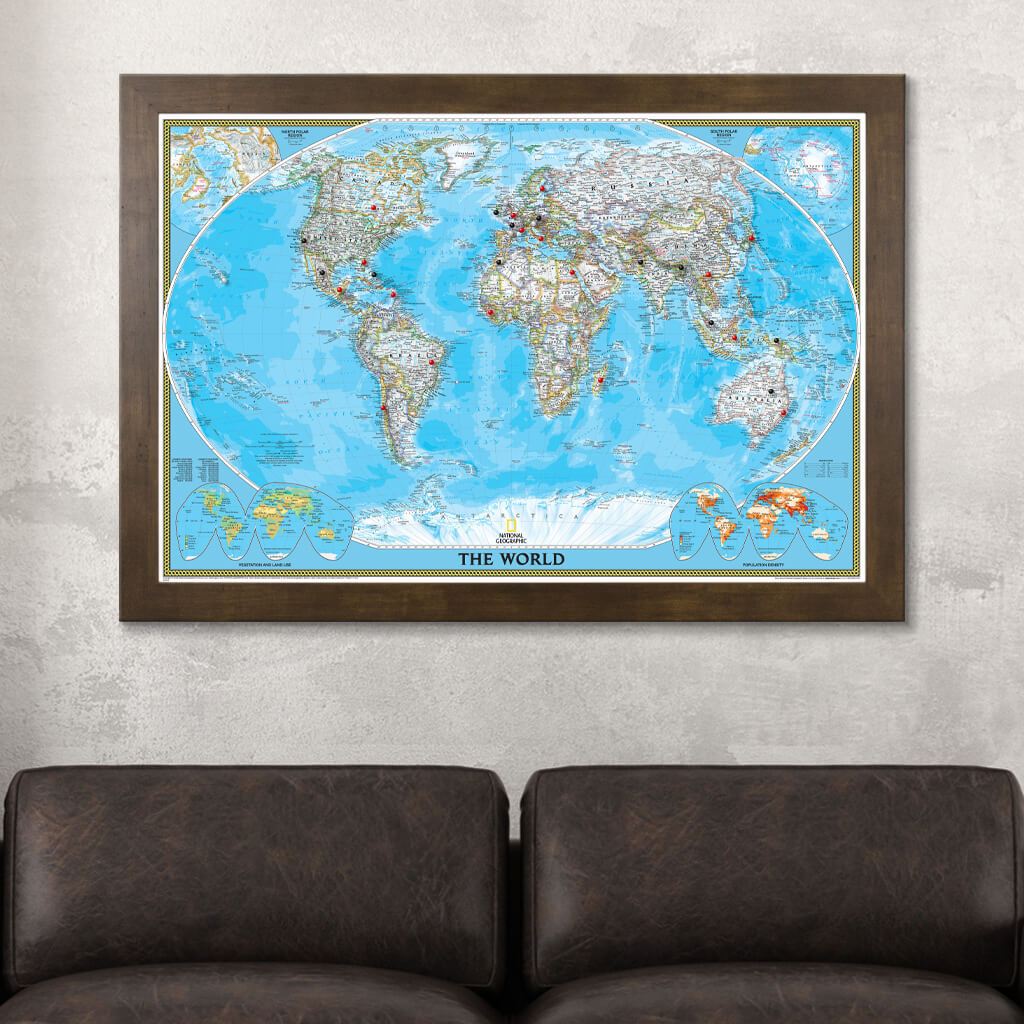 Canvas Classic World Push Pin Travel Map Rustic Brown Frame