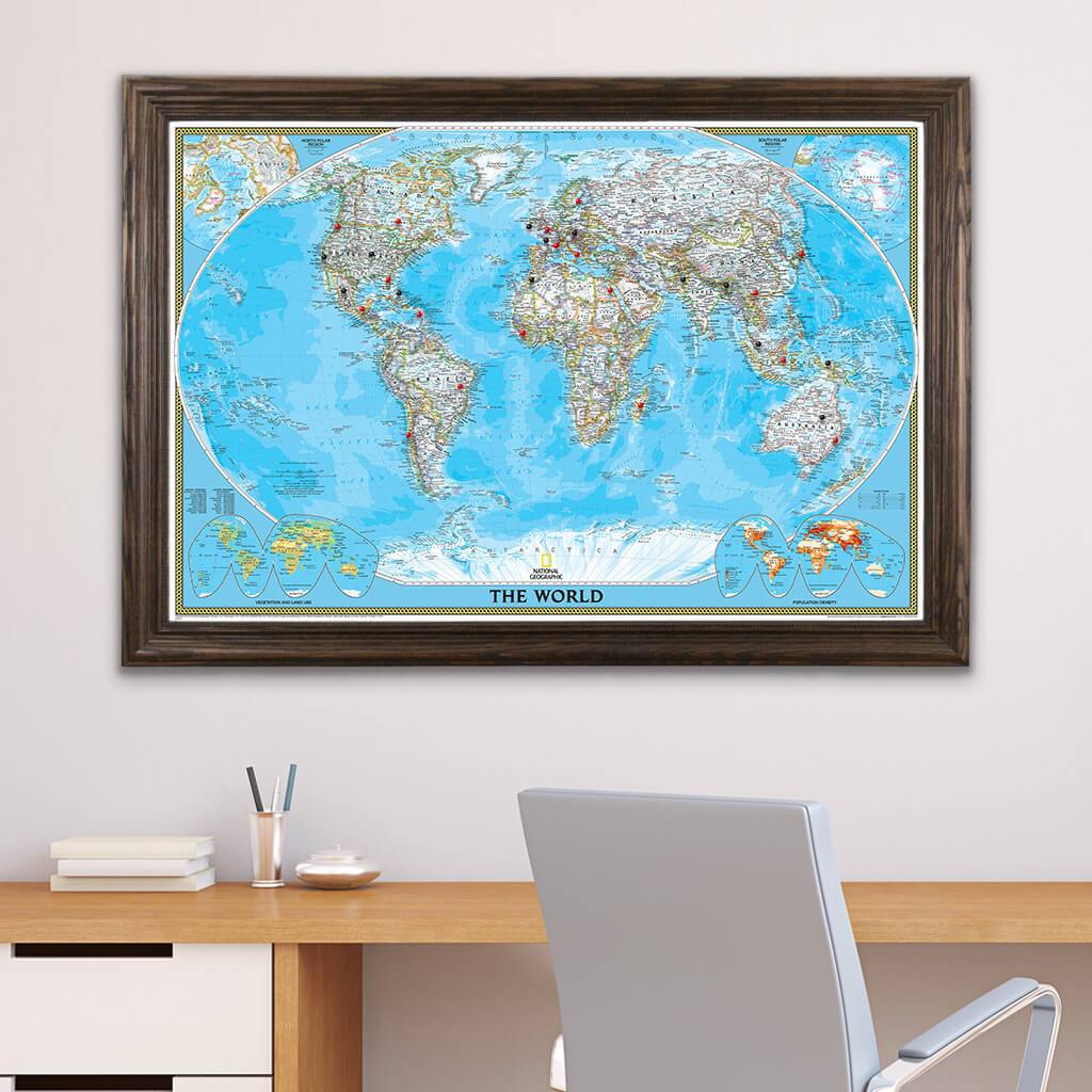 Classic World Pinboard Map with Pins Solid Wood Brown Frame