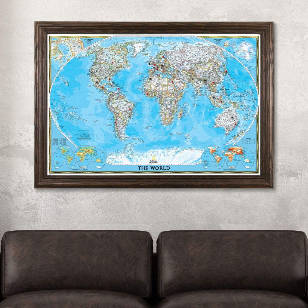 Canvas Classic World Push Pin Travel Map Solid Wood Brown Frame