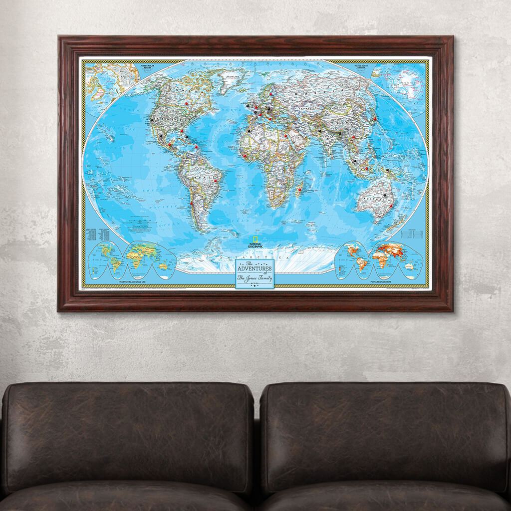 Canvas Classic World Push Pin Travel Map Solid Wood Cherry Frame