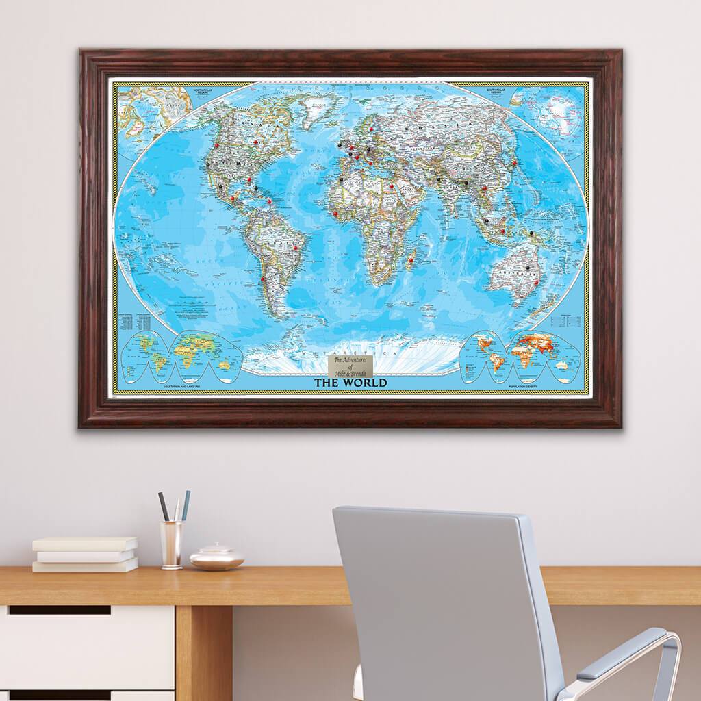 Classic World Push Pin Travel Map with Pins Solid Wood Cherry Frame