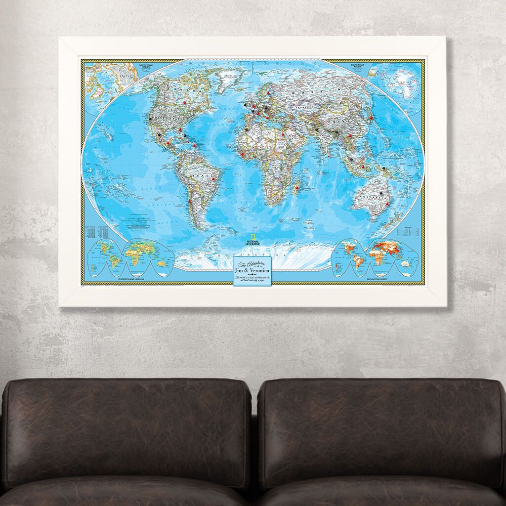 Canvas Classic World Push Pin Travel Map Textured White Frame