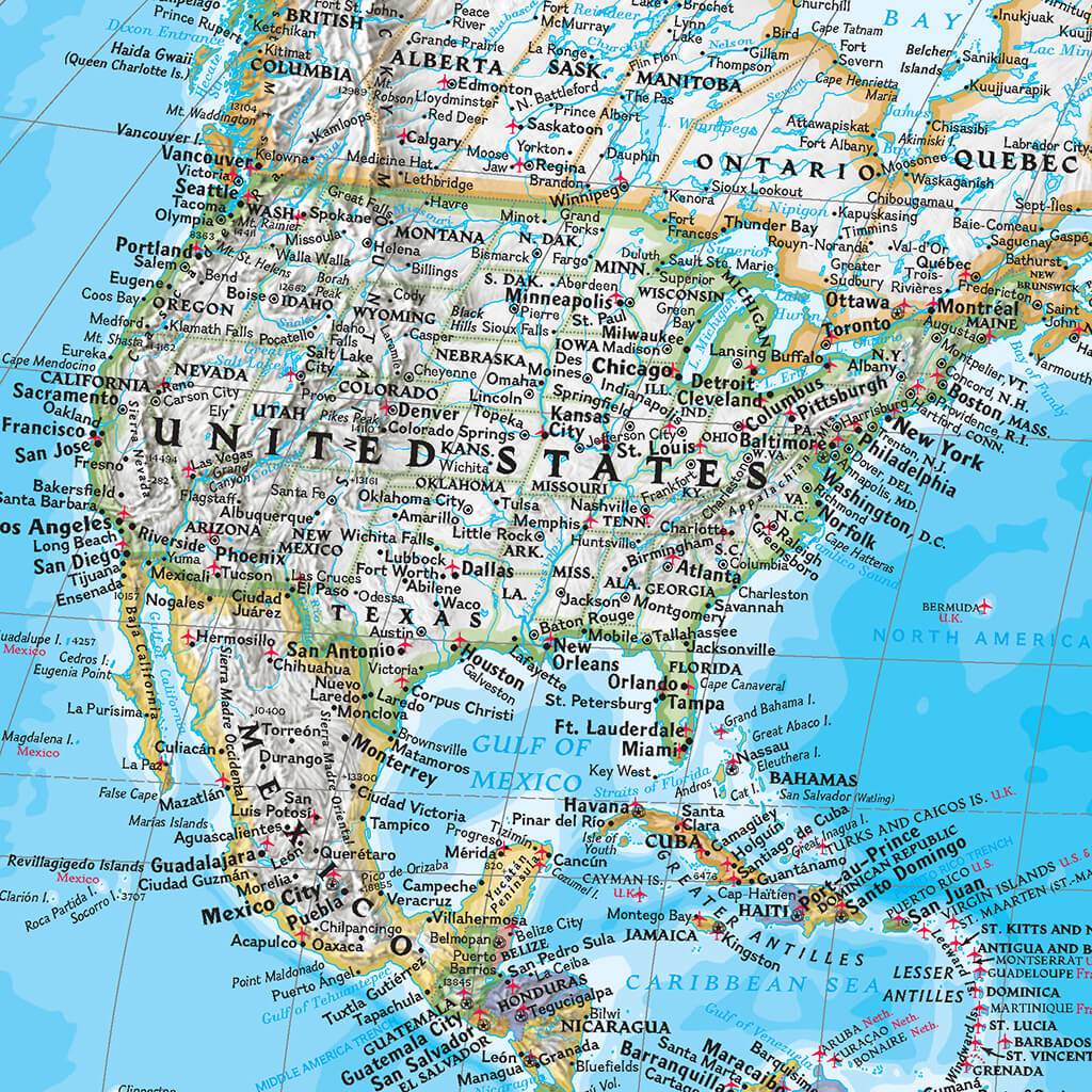 Closeup of USA on Classic World 3 Panel Map