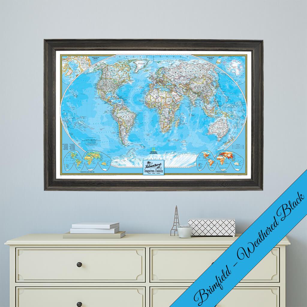 Canvas Classic World Push Pin Travel Map with Brimfield Weathered Black  Frame