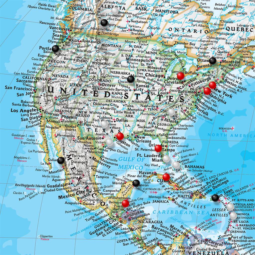 Closeup of Canvas Classic World Push Pin Travel Map