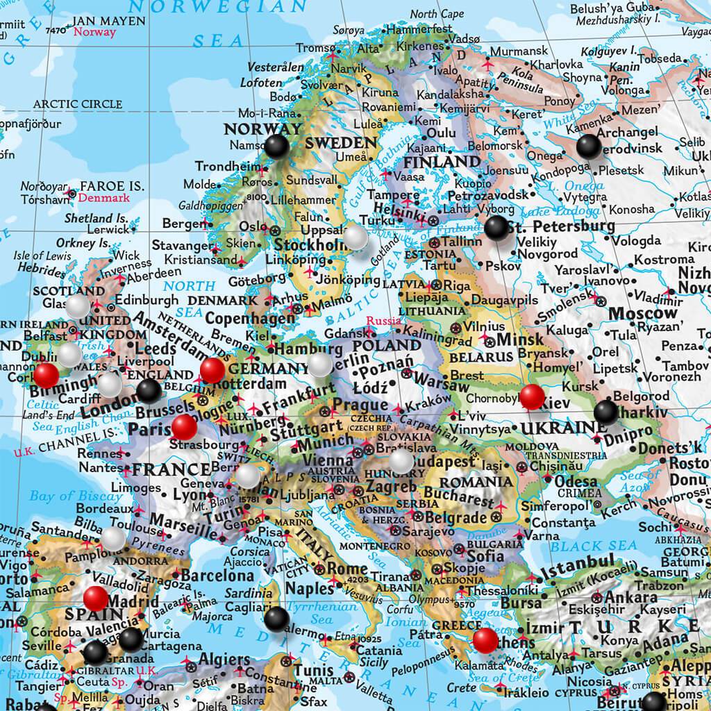 Closeup of Europe on Canvas Classic World Push Pin Travel Map