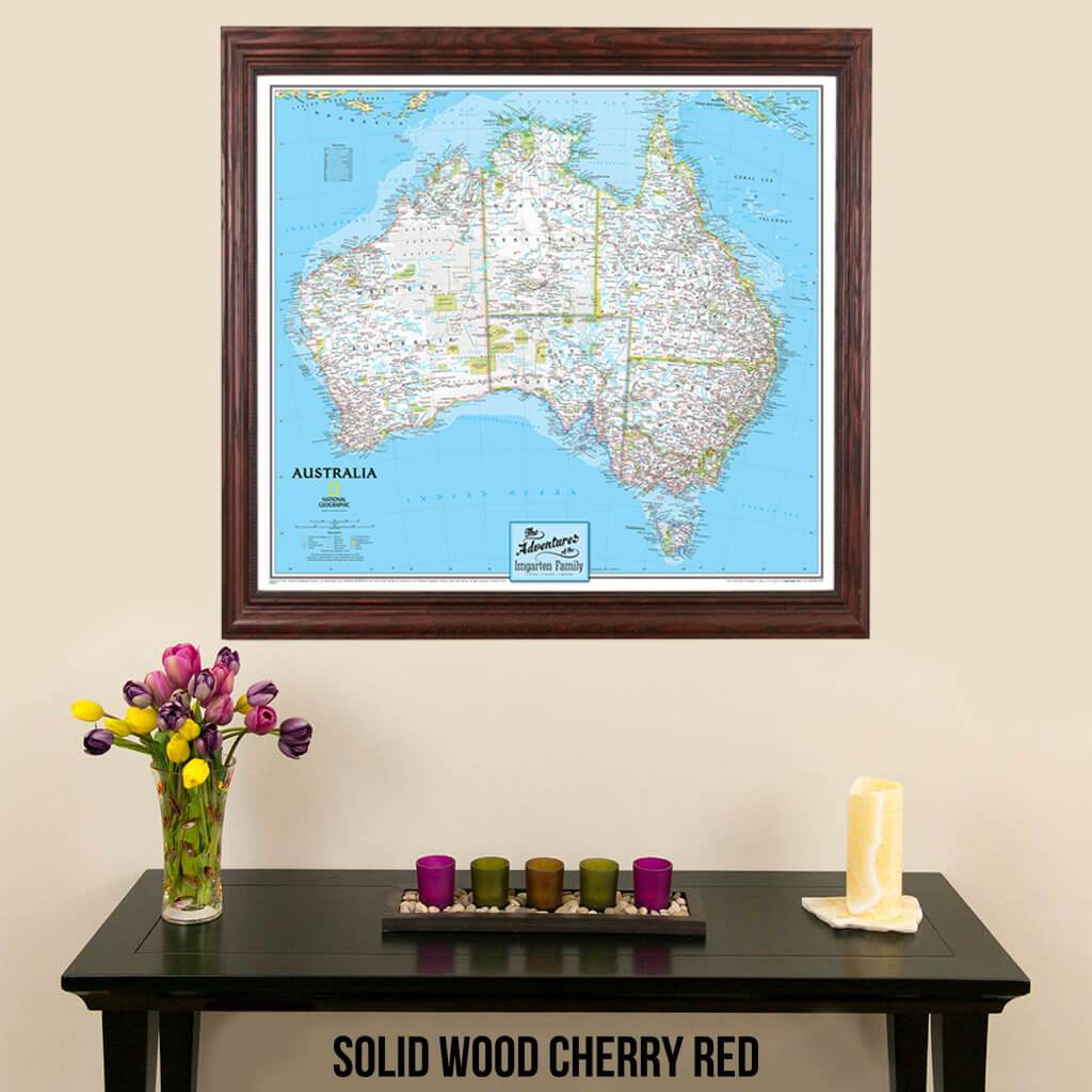 Canvas Classic Australia Push Pin Travel Map wall art in solid wood cherry frame