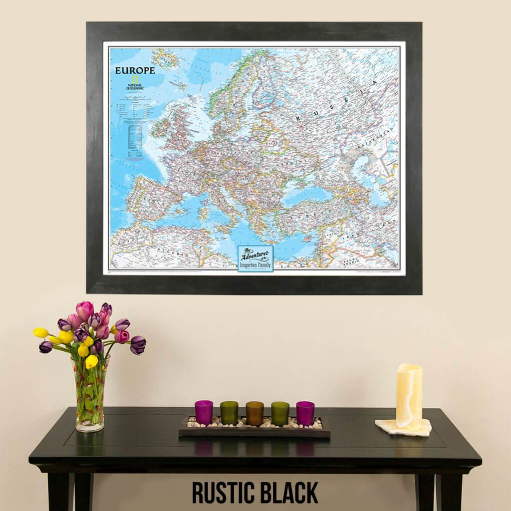 Canvas National Geographic travel wall map Classic Europe Rustic Black Frame with pins