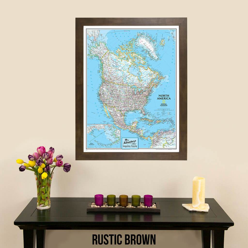 Canvas Classic North America Push Pin Travel Map wall art with rustic brown frame
