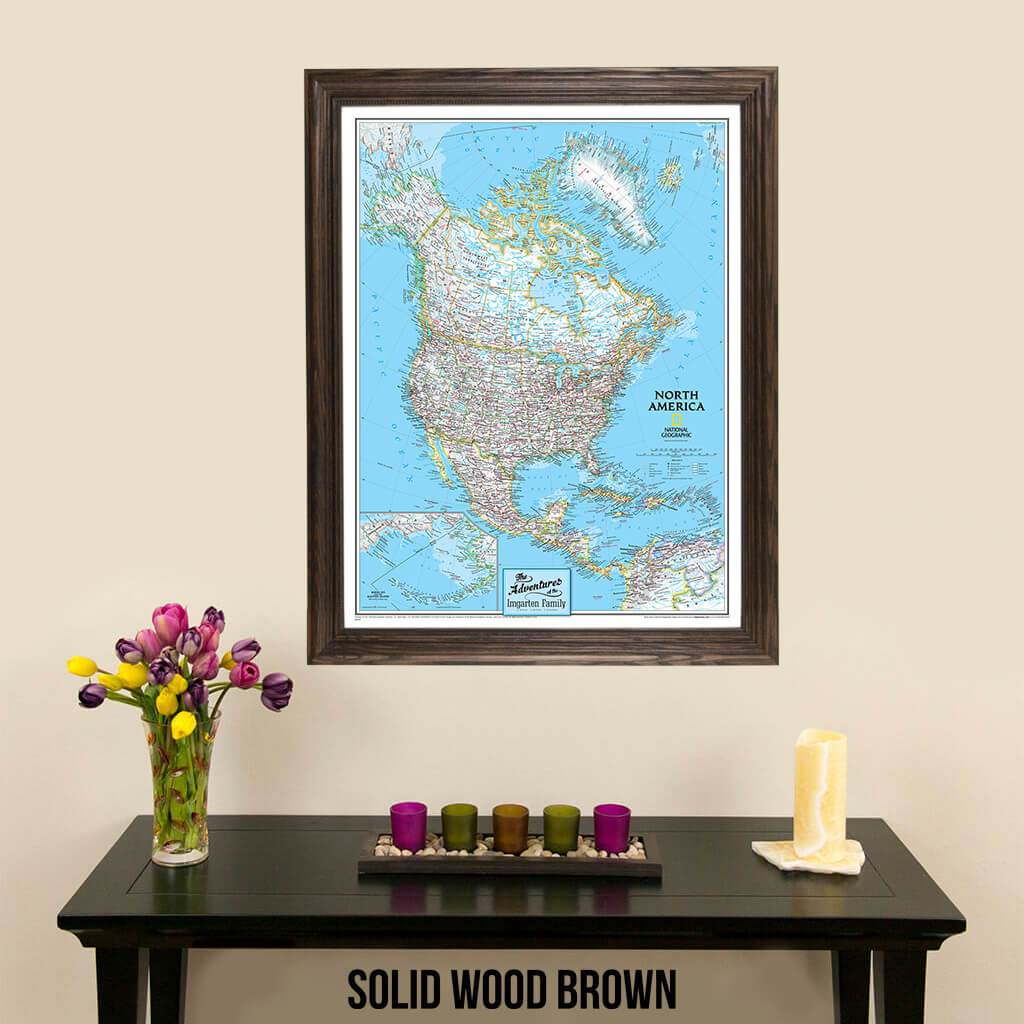 Canvas Classic North America Push Pin Travel Map in elegant solid wood brown frame