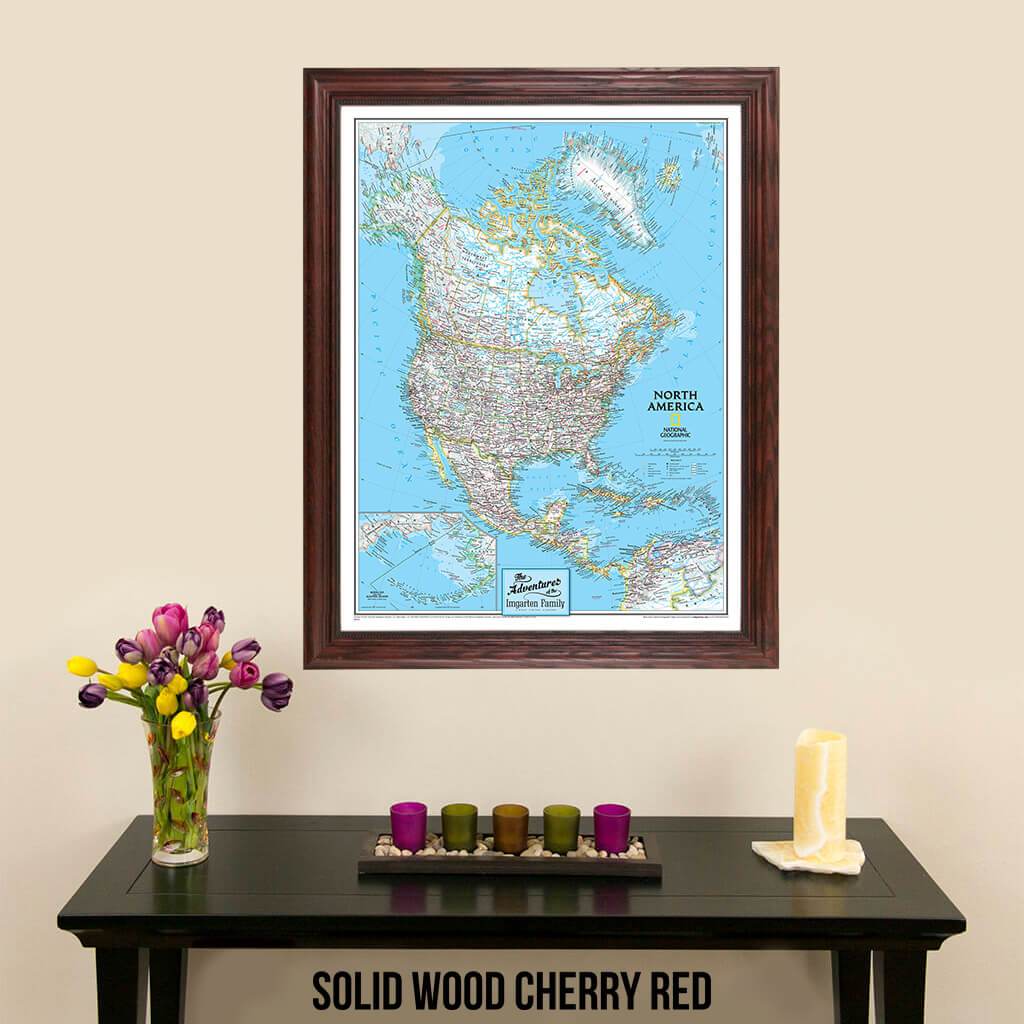 Canvas Classic North America pinnable Travel Map with map pins in solid wood cherry frame