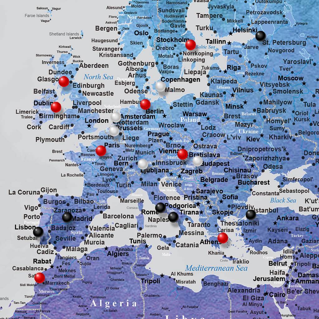 Vibrant Violet World Map Closeup Europe