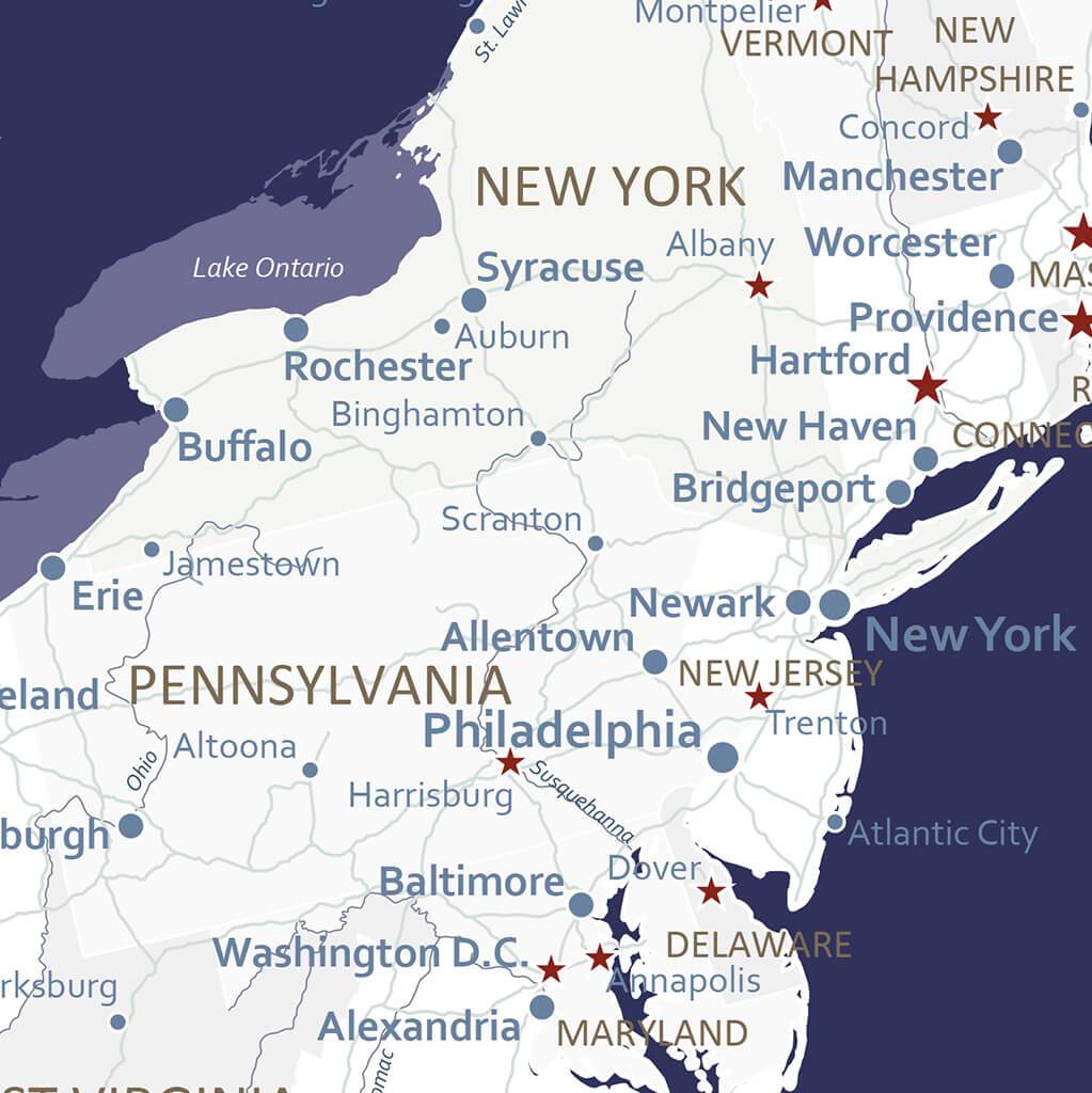 Closeup of Northeast Navy Explorers USA and Caribbean Travel Map