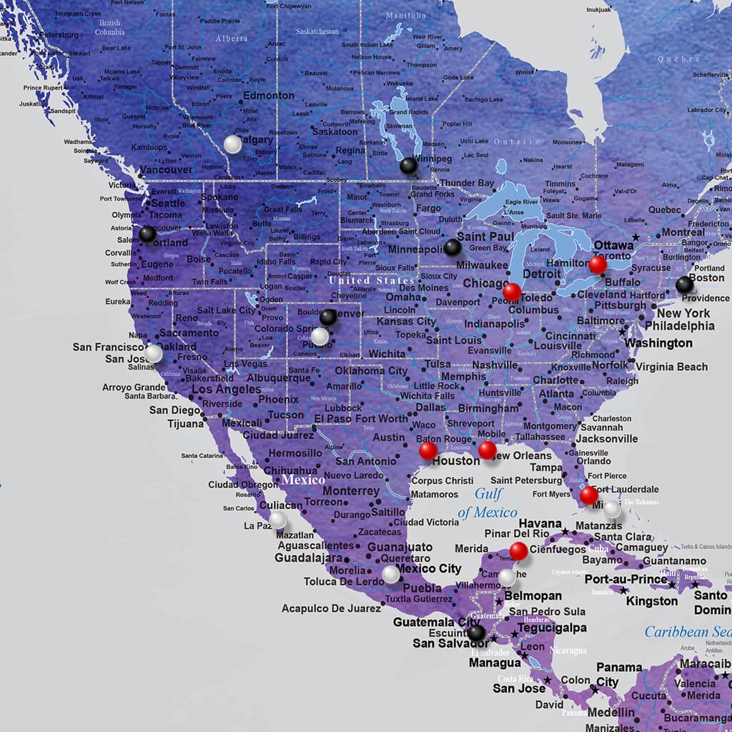 Vibrant Violet World Map Closeup of USA