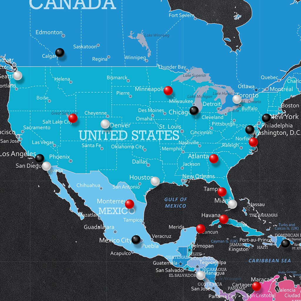 Closeup of USA on Bright Night World Travel Map