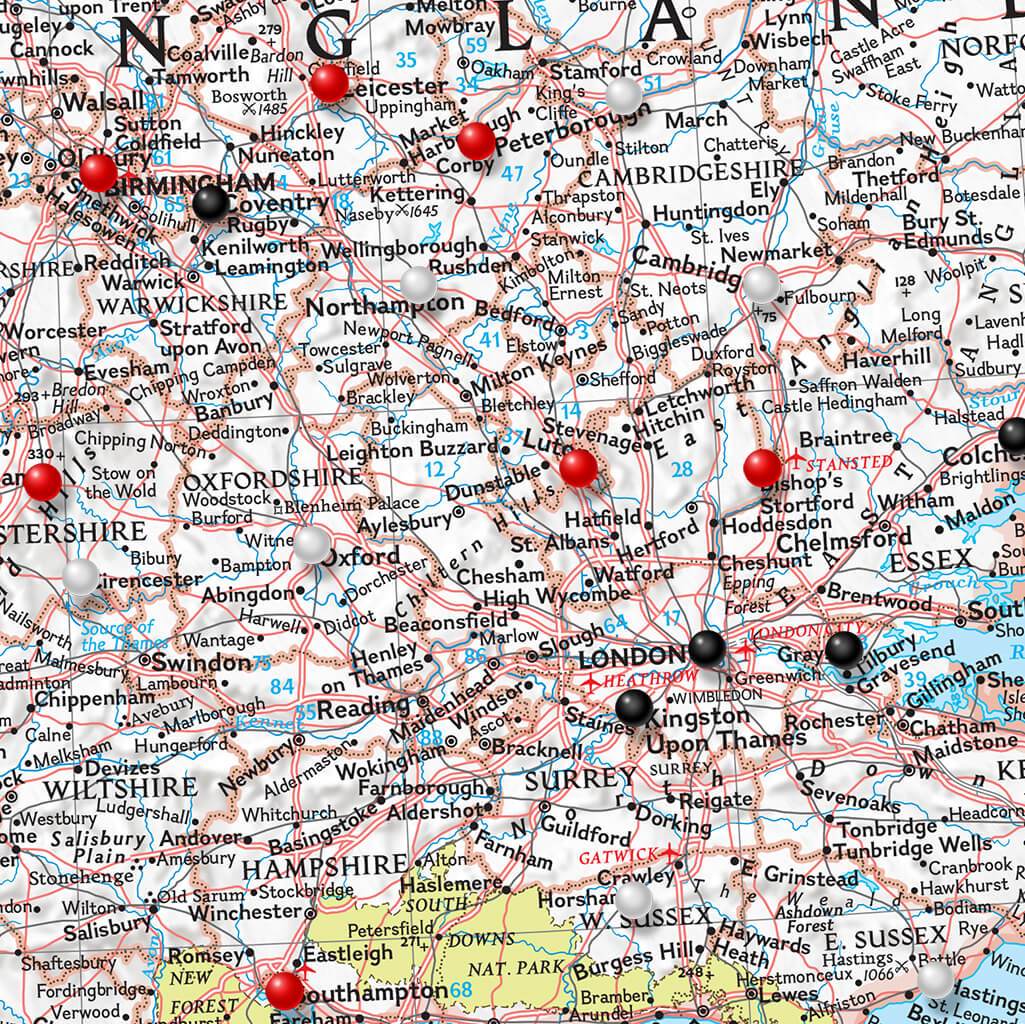 Closeup of Classic Britain and Ireland Push Pin Map