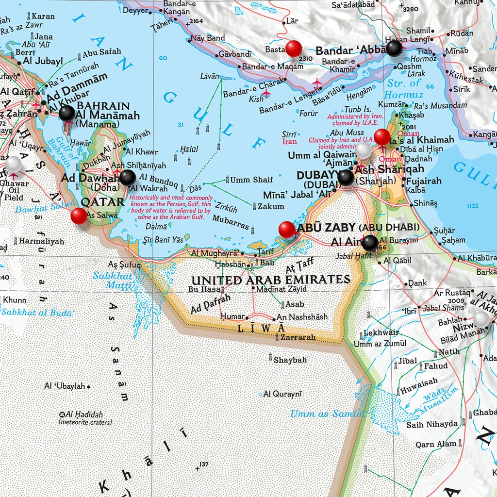 Closeup of Classic Middle East Push Pin Travel Map with pins