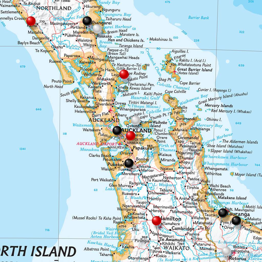 New Zealand Push Pin Travel Map Closeup