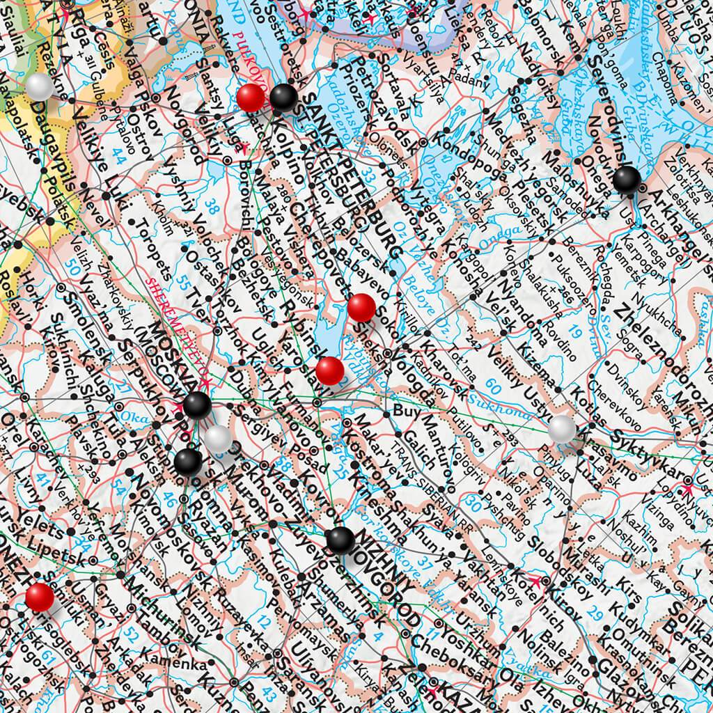Closeup of Classic Russia Push Pin Travel Map with pins
