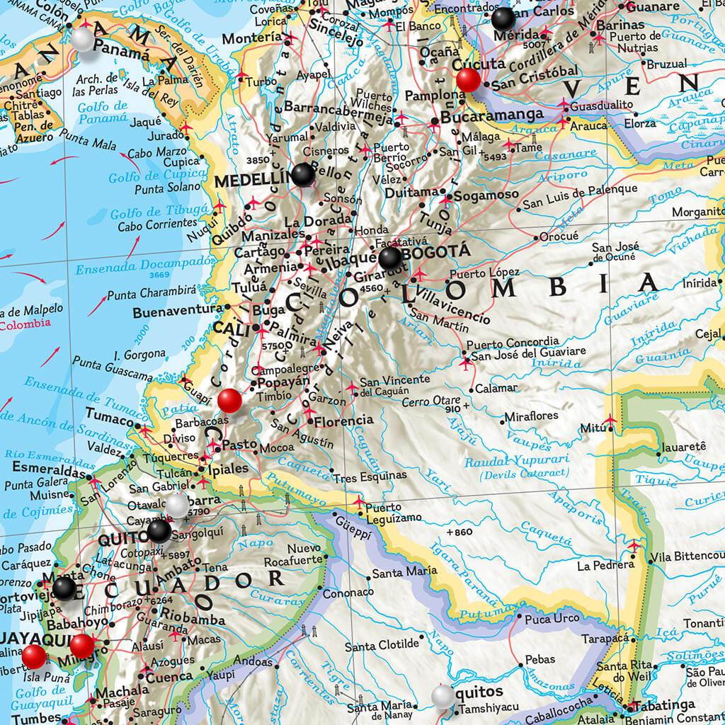 Classic South America Push Pin Travel Map Closeup