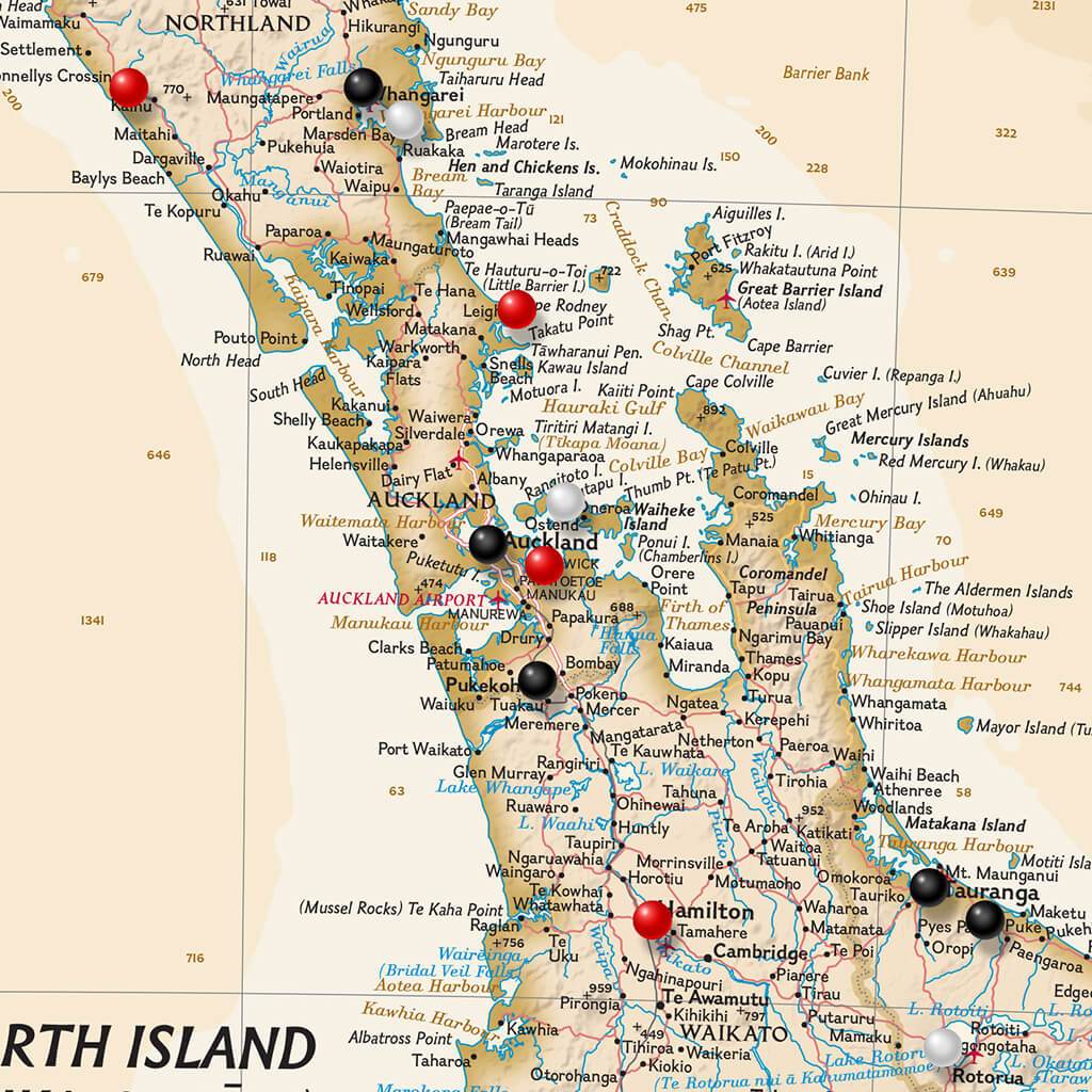 Executive New Zealand Push Pin Travel Map Closeup