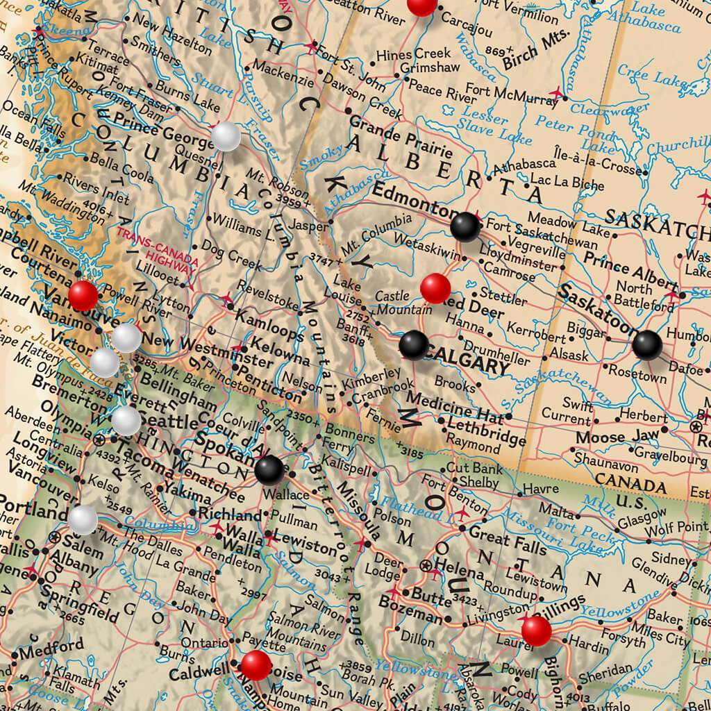 Closeup of Executive North America Push Pin Map