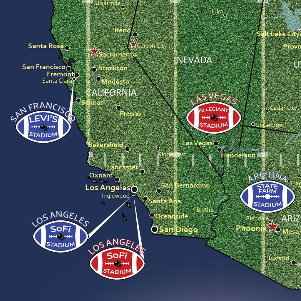 Closeup of US Football Stadiums Map