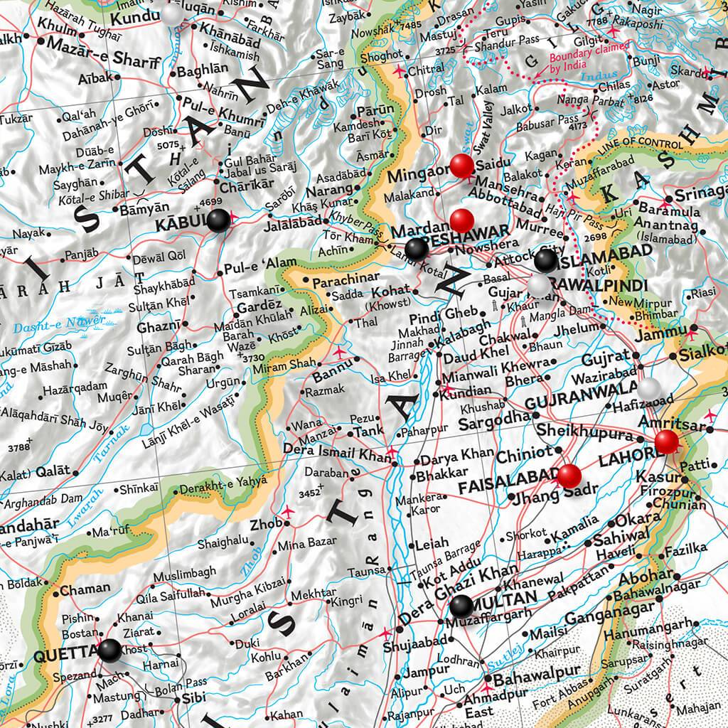 Classic Middle East Push Pin Travel Map with pins Closeup