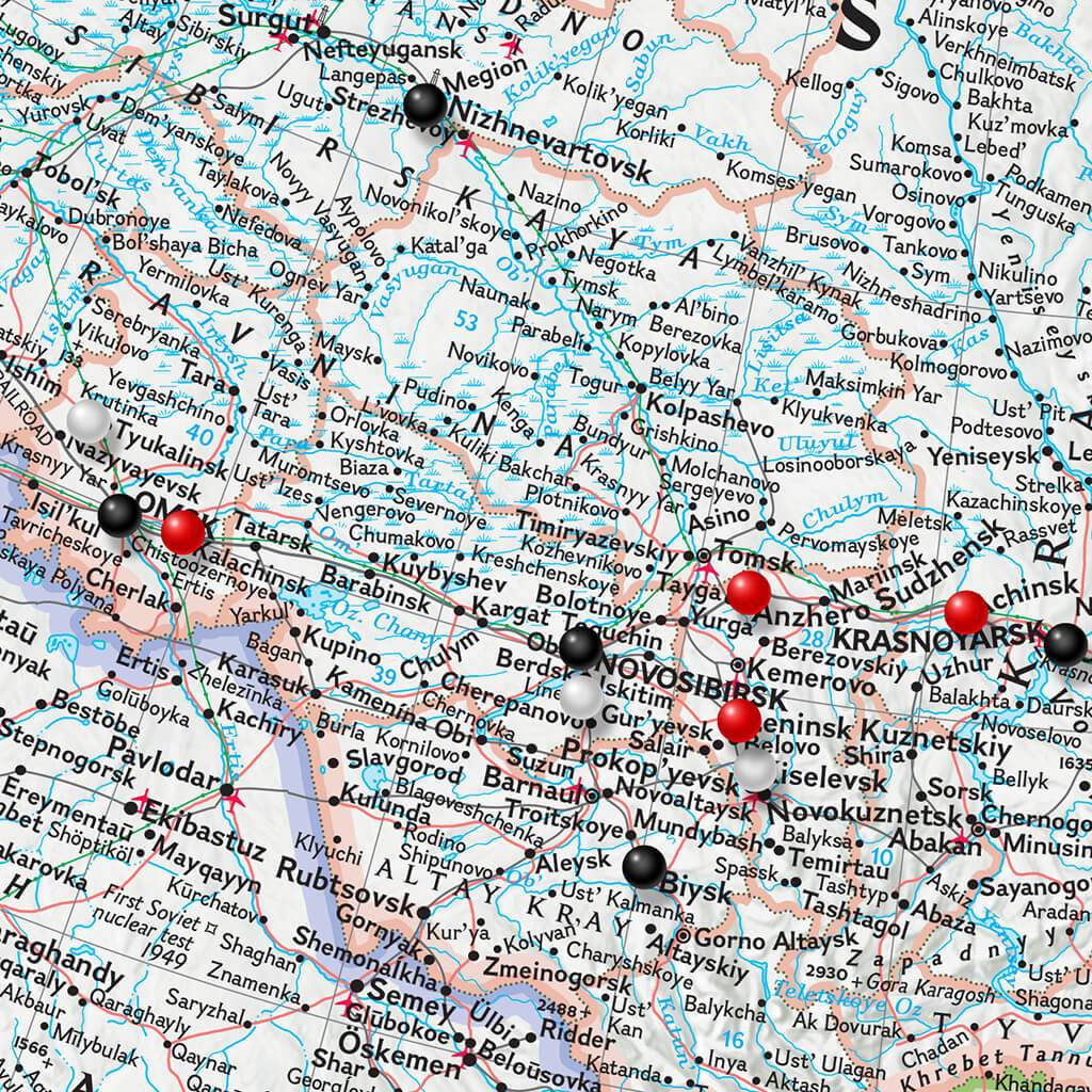 Classic Russia Push Pin Travel Map Closeup
