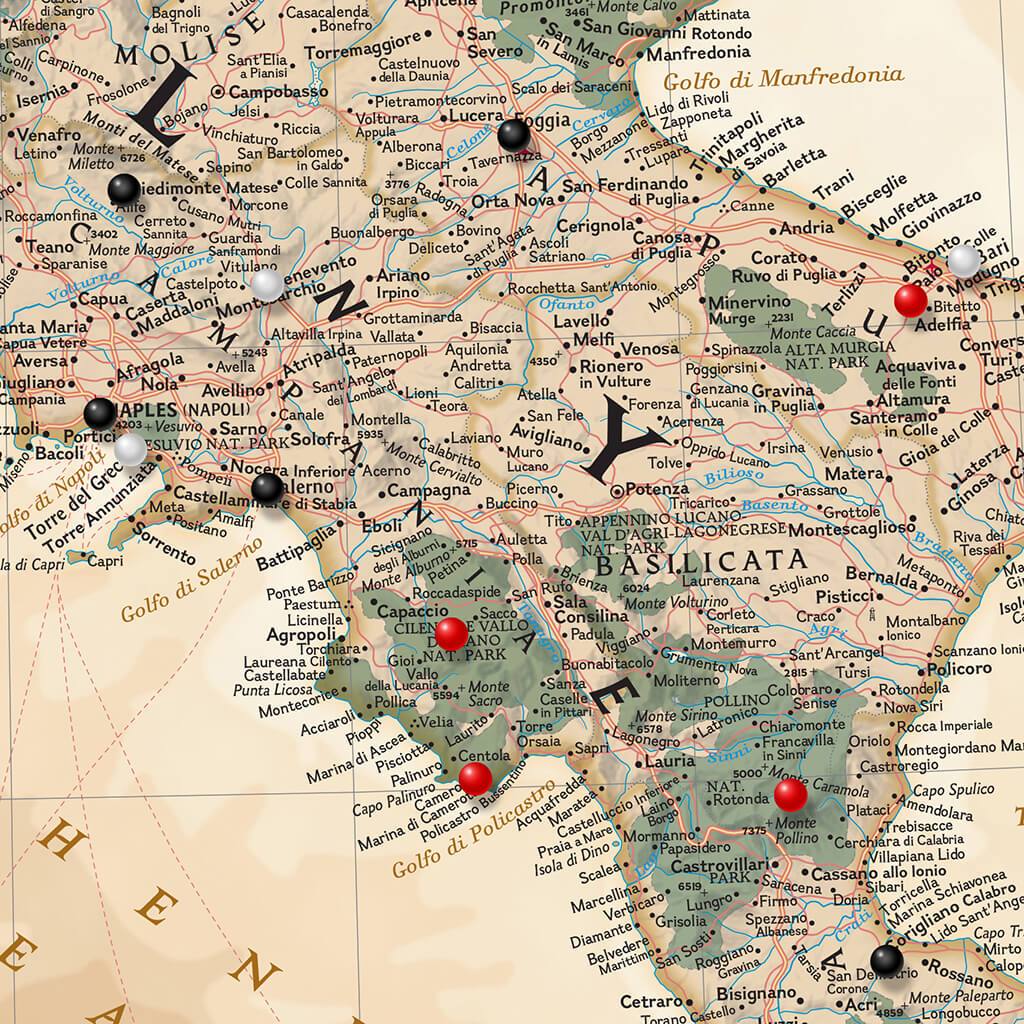 Closeup of Canvas Executive Italy Travel Map