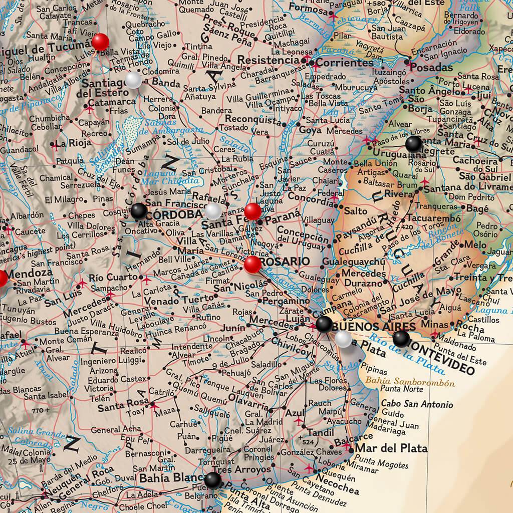 Closeup of Executive South America Push Pin Travel Map