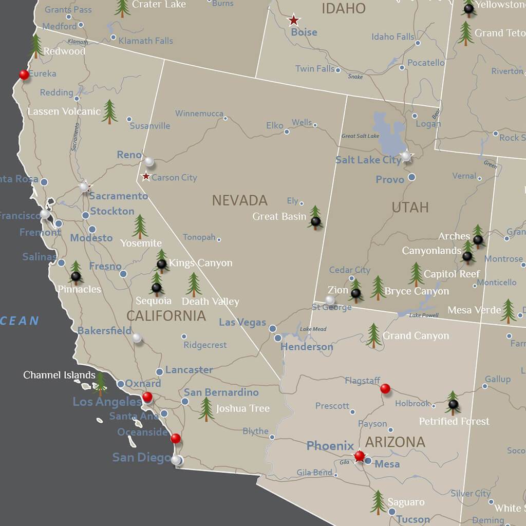 Closeup of the West Coast with Pins
