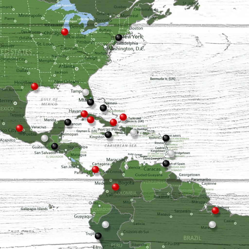 Closeup of Caribbean on Green Anniversary World Push Pin Map