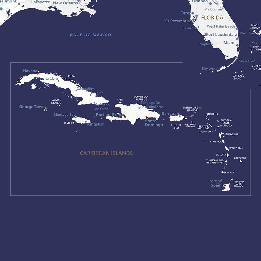 Close up of Caribbean - Navy USA Caribbean map on canvas