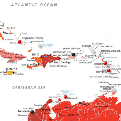 Colorful North America Push Pin Travel Map Closeup