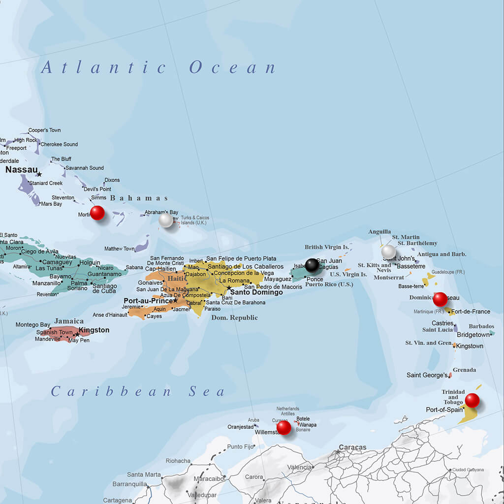 Closeup of the Caribbean on the Blue Oceans North America Push Pin Map