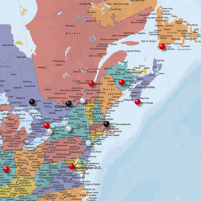 Closeup of Blue Oceans North America Travel Map with Pins