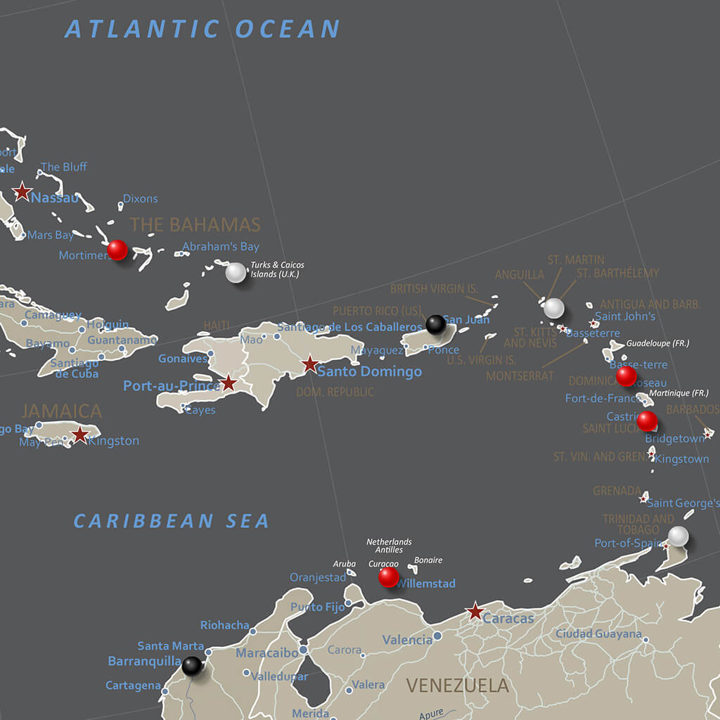 Closeup of Caribbean on Earth Toned North America Push Pin Map